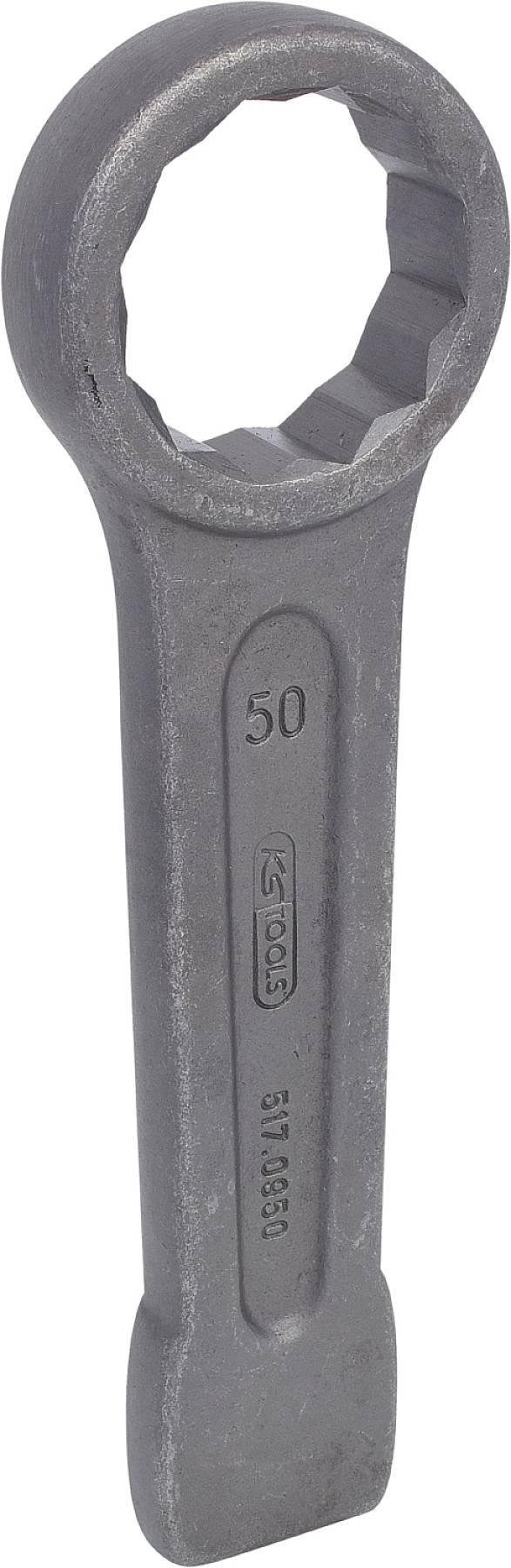 Ein großer Schraubenschlüssel mit Ringkopf. Auf dem Griff steht '50' und die Nummer 61190301. Werkzeug aus Metall.