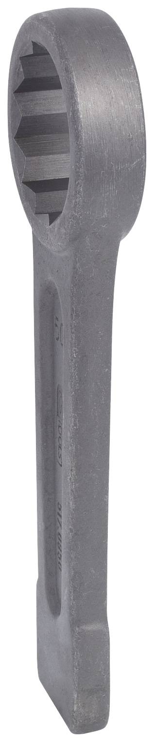 Ein geschlossener Ringschlüssel aus Metall, aufrecht stehend.