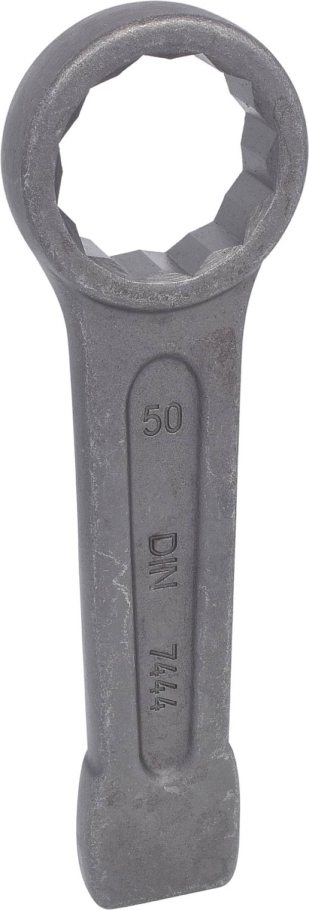 Ein schwerer Sechskantschlüssel mit der Aufschrift 'DIN 7444' und '50', geeignet für industrielle oder mechanische Anwendungen.