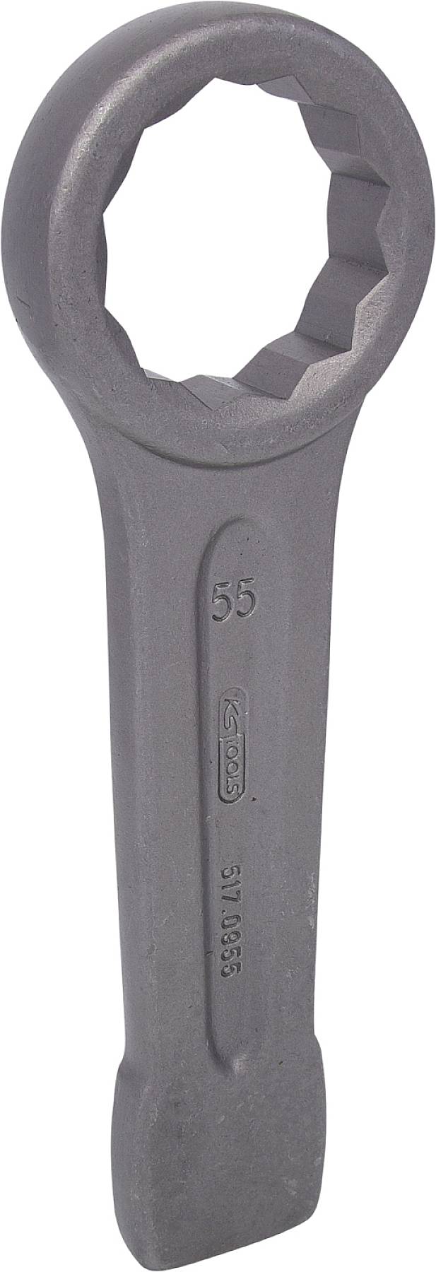 Großer Ringschlüssel aus Metall mit eingeprägter Zahl '55', geeignet zum Lösen von großen Muttern oder Schrauben.