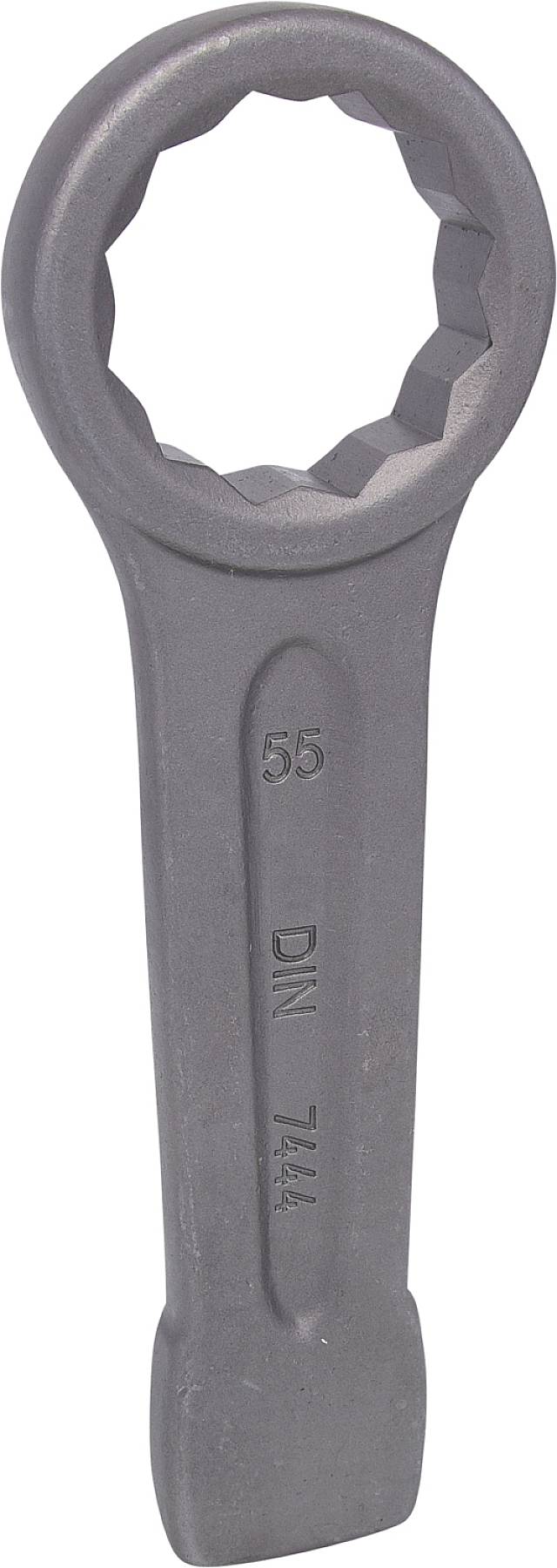 Ein geschmiedeter Ringschlüssel aus grauem Metall mit der Gravur 'DIN 7444' und der Nummer '55', vermutlich für Schraubverbindungen.