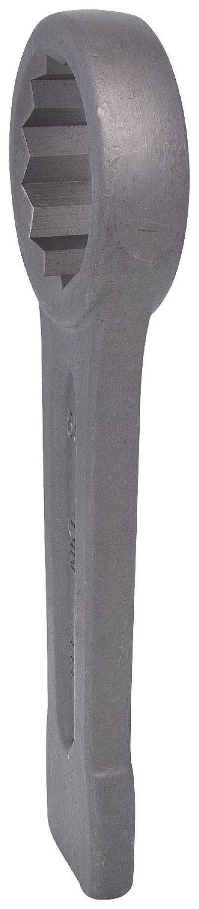 Ein langer, dunkelgrauer, sechskantiger Schraubenschlüssel aus Metall, aufrecht stehend. Geeignet für schwere Arbeiten.