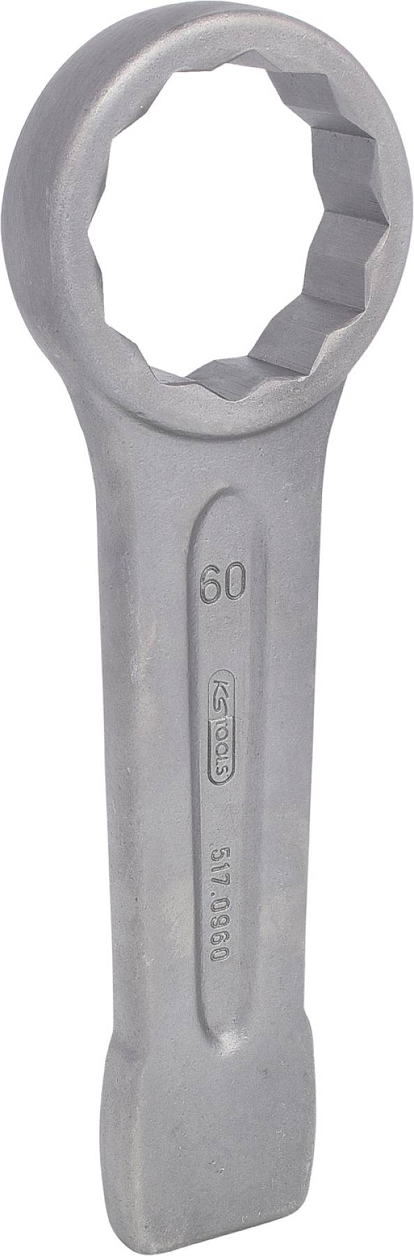 Ein großer Maulschlüssel aus Metall mit einer weit geöffneten, sechseckigen Öffnung, geeignet zum Anziehen oder Lösen großer Muttern.