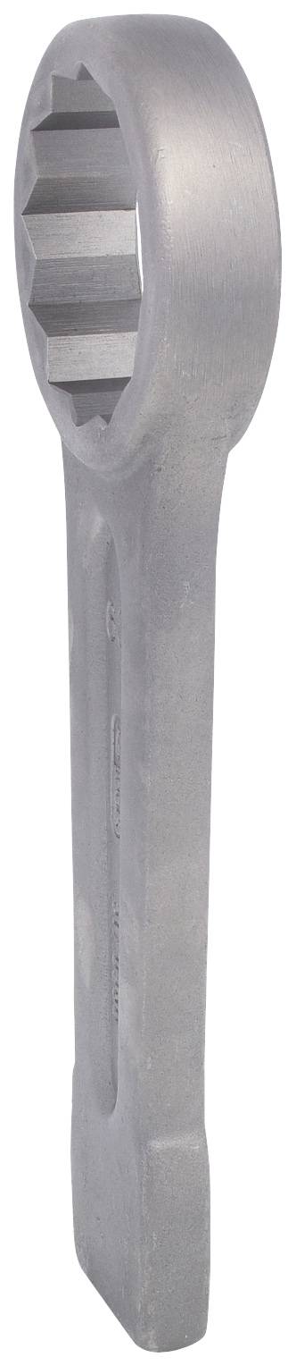 Ein großer silberner Schraubenschlüssel mit einem sechseckigen Maul, auf einer weißen Hintergrundfläche positioniert.