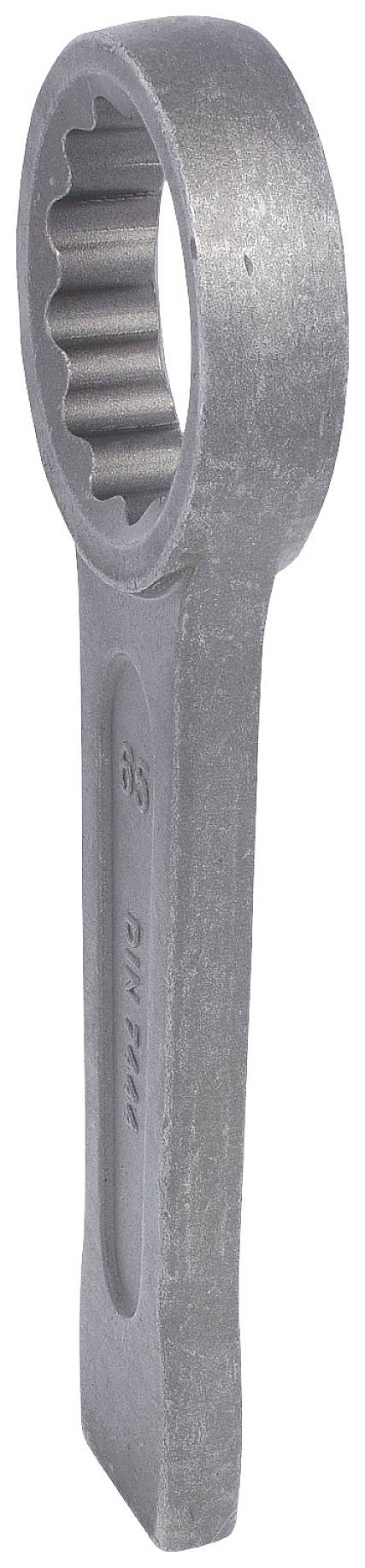 Ein silberner Ringschlüssel mit geripptem Innenring und schlankem Griff, der für mechanische Arbeiten genutzt wird.