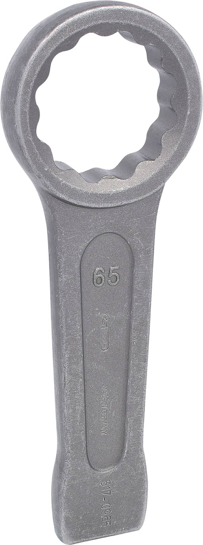 Ein grauer 65 mm Ringschlüssel, massiv und aus Metall gefertigt, mit Griff und ringförmigem Kopf zum Anziehen oder Lösen von Bolzen.