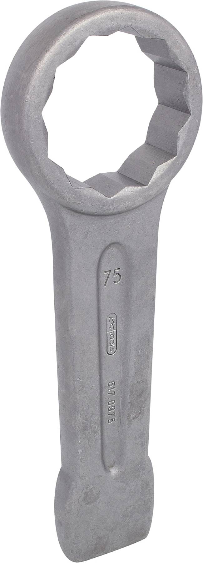 Ein großer Schraubenschlüssel aus Metall, spezialisiert auf das Greifen von sechseckigen Muttern oder Schrauben.