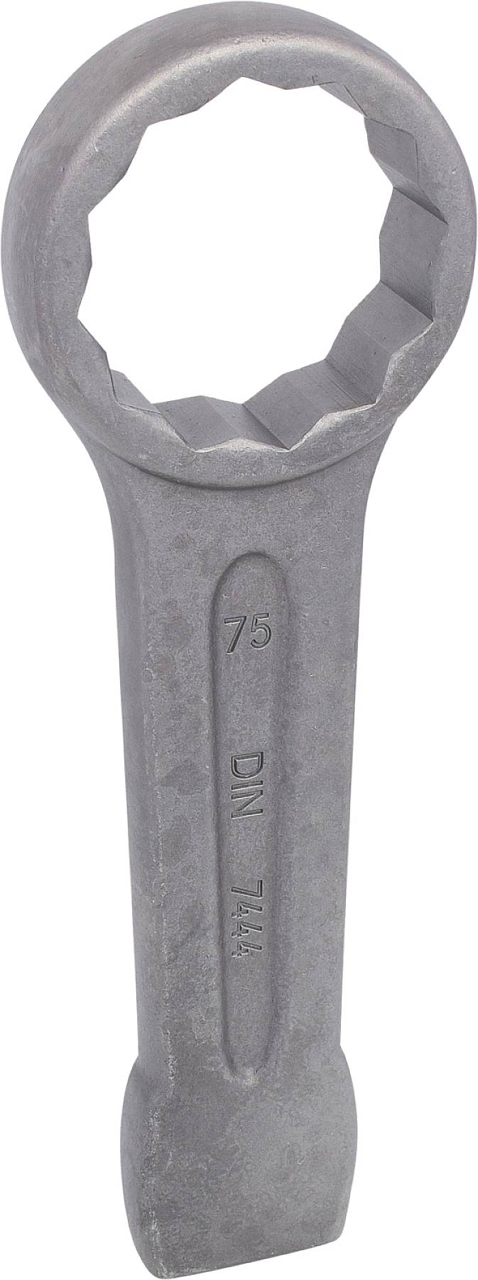 Ein großer Schraubenschlüssel mit der Gravur 'DIN 7444' auf dem Griff.