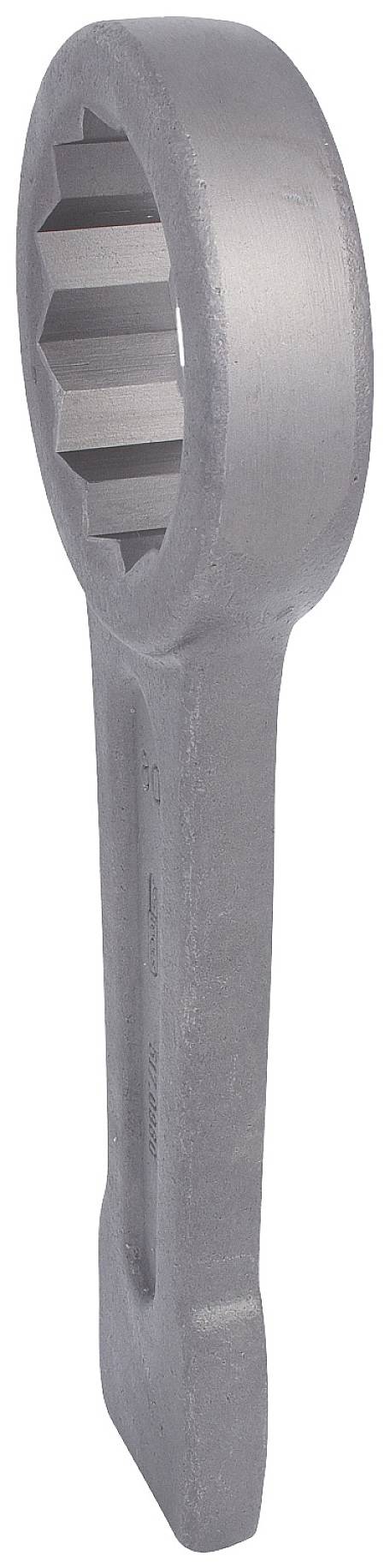 Silberner Ringschlüssel aus Metall mit Mehrkantprofil, geeignet für schwer zugängliche Schrauben und Muttern.