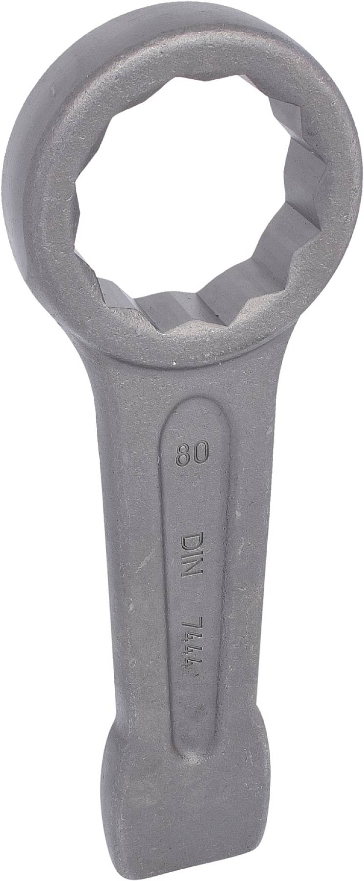 Schraubenschlüssel mit speziellem Ende, grau, markiert mit '80 DIN 7444'; Werkzeug zur Feststellung von Muttern beliebiger Größe.