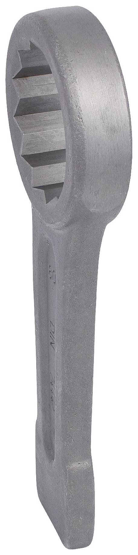 Silberner Ringschlüssel in einem leichten Winkel. Er hat ein robustes Design mit zwölfkantigem Innensechskant für sichere Befestigung.