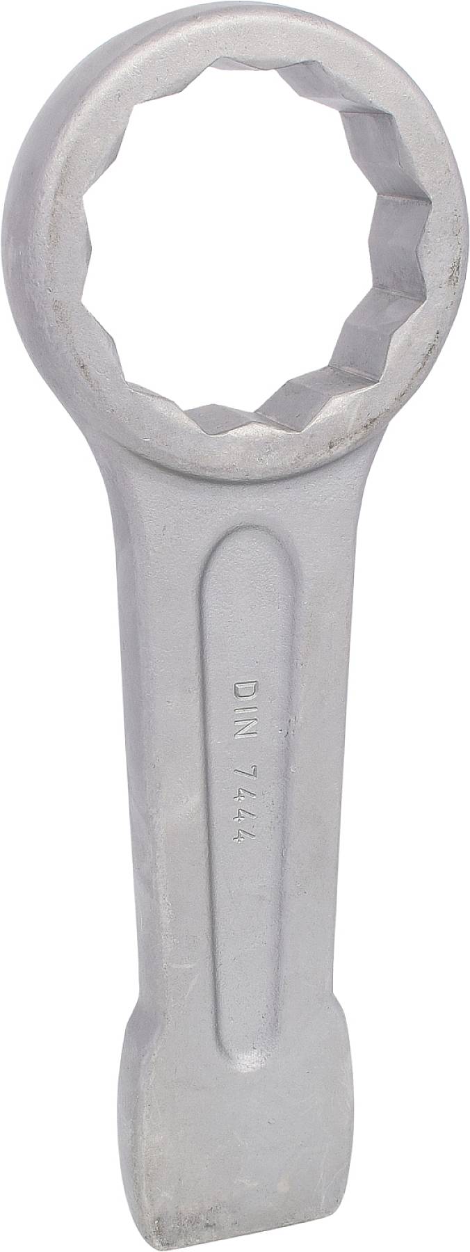 Ein silberner Sechskantschlüssel mit Aufschrift 'DIN 7444'. Werkzeug zum Lösen oder Anziehen von Muttern und Schrauben.