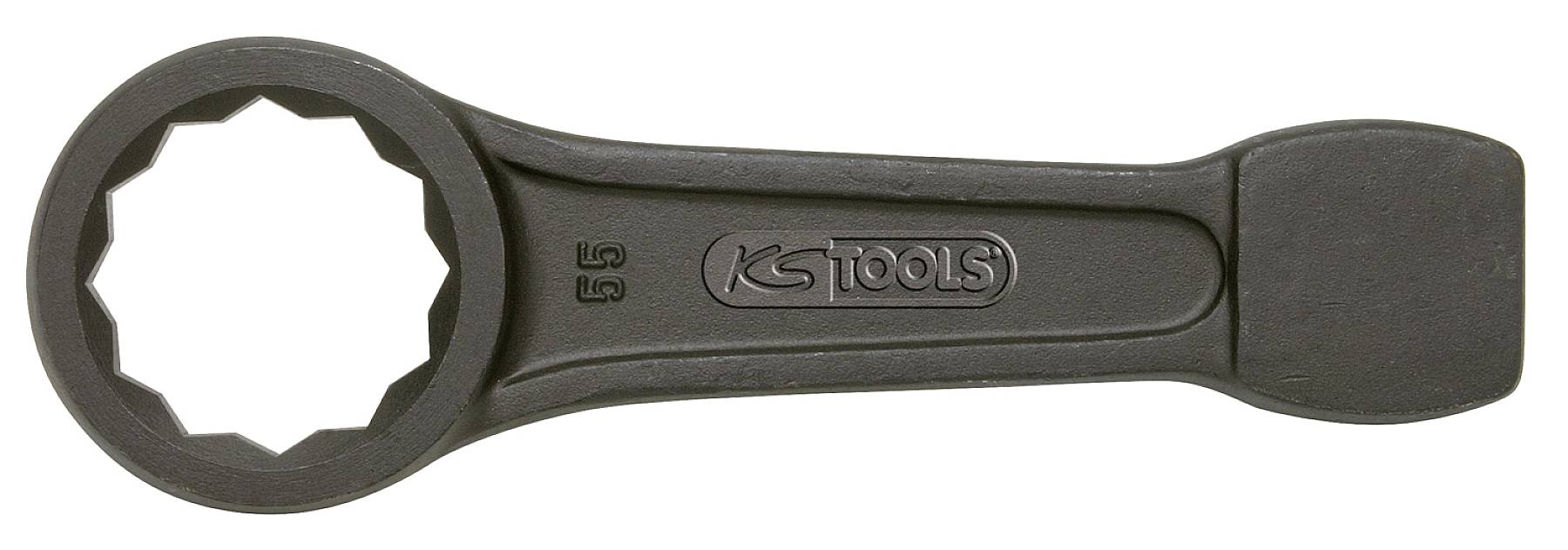 Ein schwarzer Ringschlüssel mit einem zwölfkantigen Ring auf der einen Seite und einem massiven Ende auf der anderen, von KS Tools.