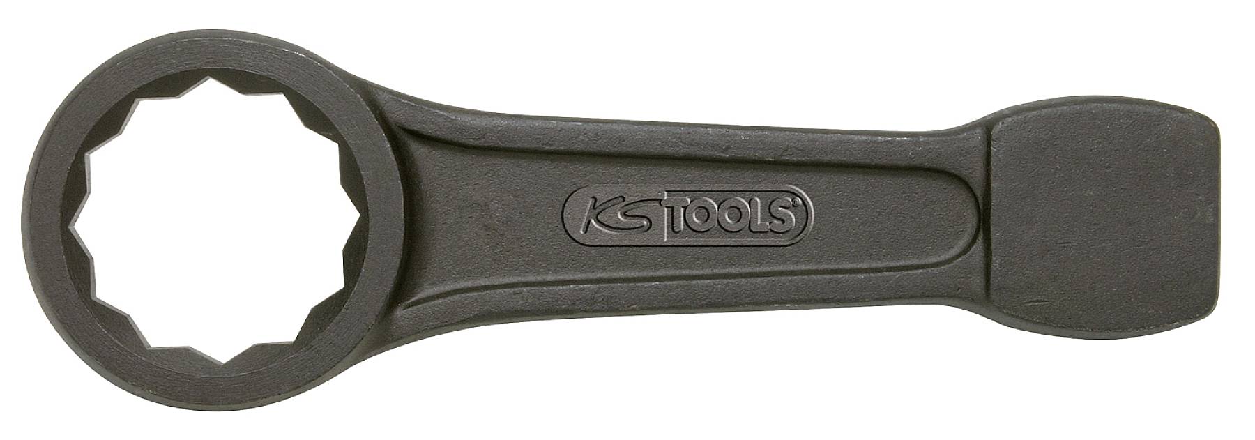 Ein Ringschlüssel mit geradem Griff, schwarz, mit einer hervorstehenden Verzahnung am Kopf. Auf dem Griff steht 'KS TOOLS'.