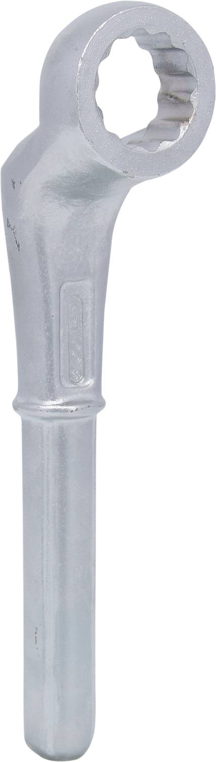 Ein silberner Ringschlüssel mit geriffeltem Griff und sternförmiger Öffnung, verwendet zum Anziehen oder Lösen von Muttern und Bolzen.