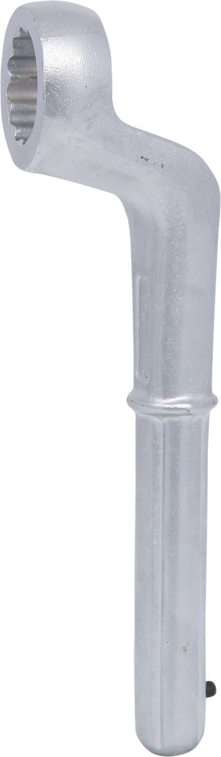 Maulschlüssel aus Metall mit rechteckiger Öffnung und abgewinkeltem Griff. Verwendet zum Festziehen oder Lösen von Schraubverbindungen.