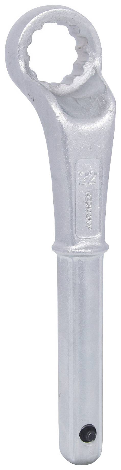 Ein silberner Ringschlüssel mit einer runden, gezahnten Öffnung, geeignet zum Festziehen von Schrauben oder Muttern.