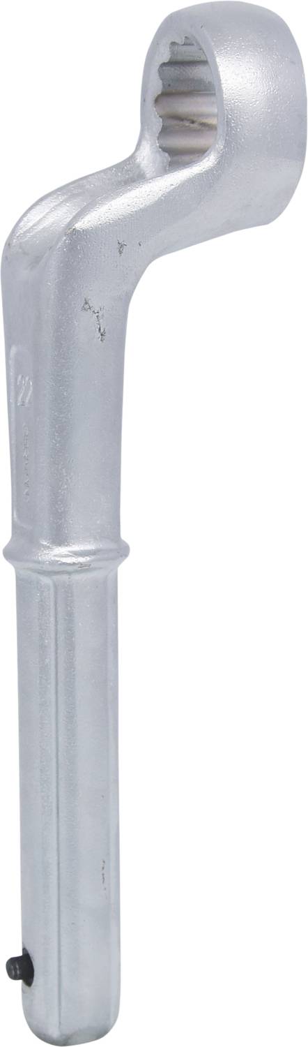 Ein silberfarbener Ringschlüssel mit langem Griff, speziell geformt für schwer zugängliche Schraubverbindungen.