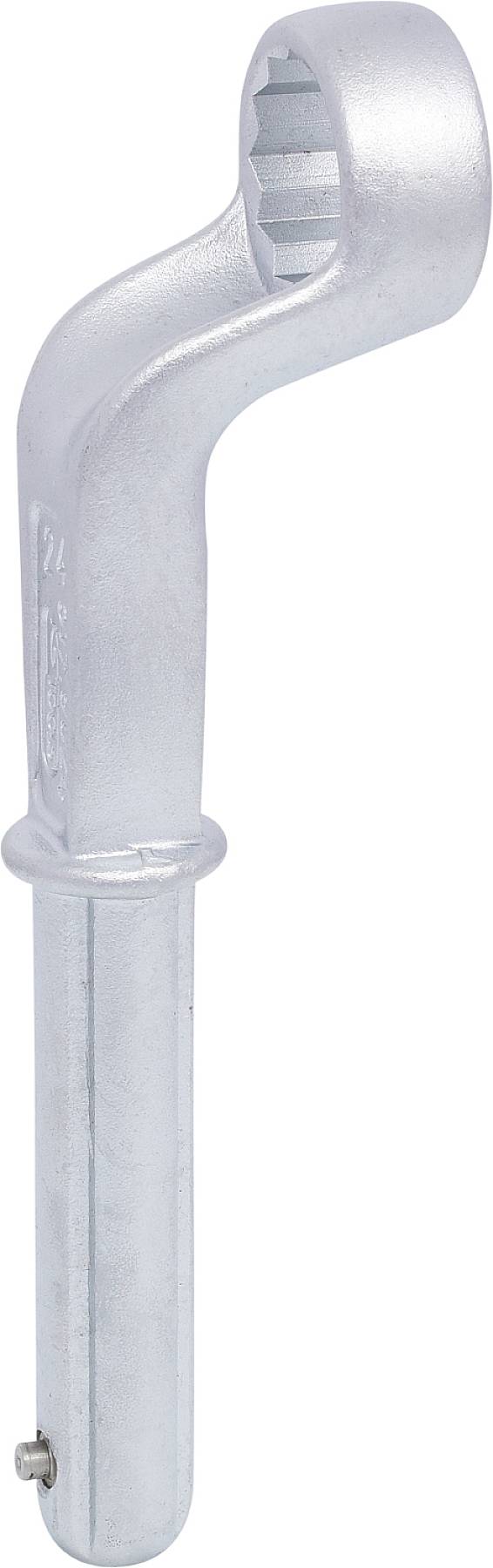 Metallschlüssel mit gebogenem Kopf, Sechskantöffnung. Werkzeug zur Drehmomentübertragung bei schwer erreichbaren Schrauben.