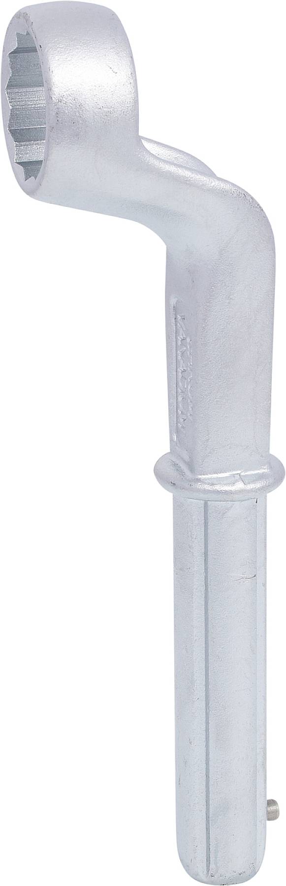 Silberfarbener, gebogener Ringschlüssel, hauptsächlich verwendet für das Drehen von Muttern oder Schrauben an schwer zugänglichen Stellen.
