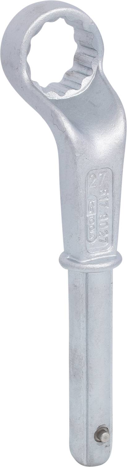 Ein silberner Ringschlüssel mit einem gezackten Griff und einem runden, gezahnten Kopf.