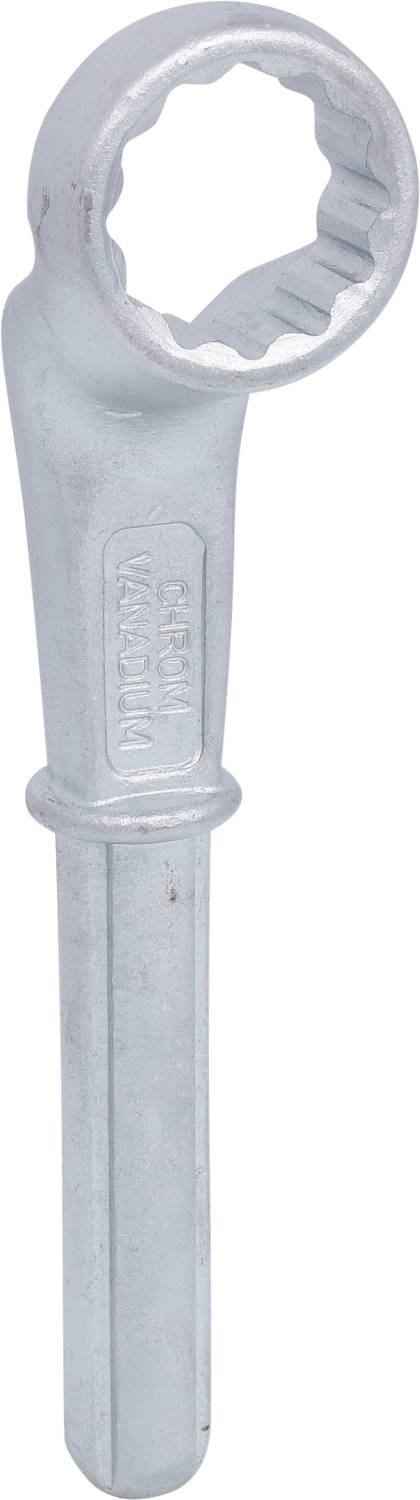 Ein silberner Ringschlüssel mit einem runden, gezackten Kopf an einem geraden Griff. Der Schlüssel ist für technische Anwendungen geeignet.