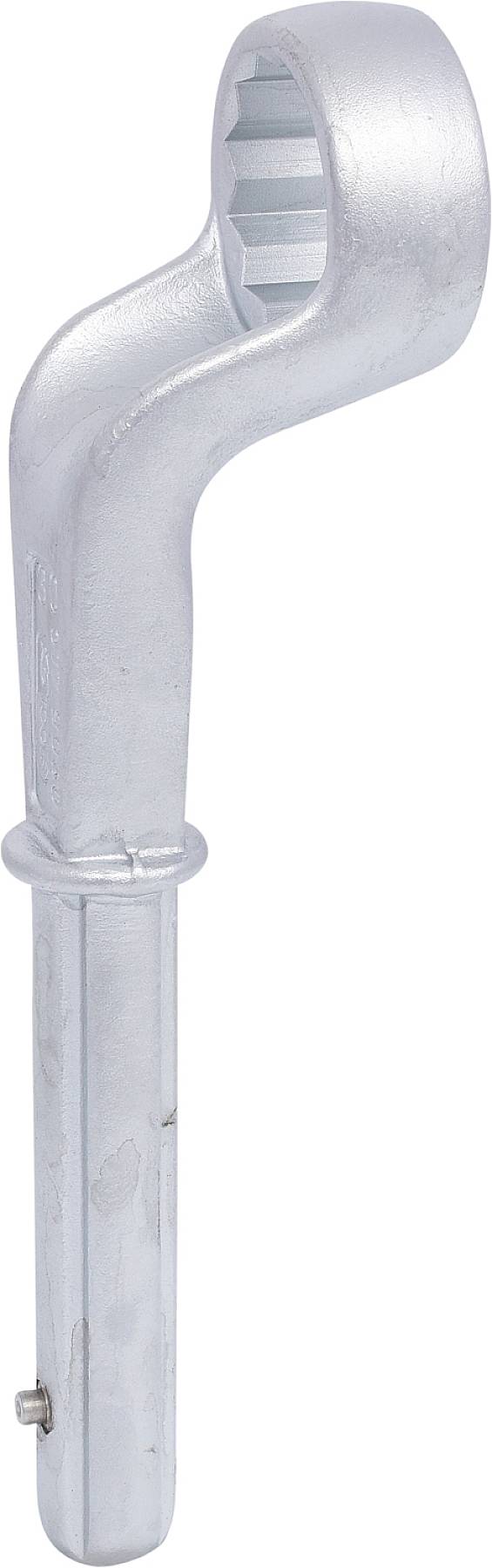 Ein silberner Bolzenschneider mit Griff und runder Öffnung am Kopf, vor einem weißen Hintergrund. Geeignet für das Durchtrennen von Metallbolzen.