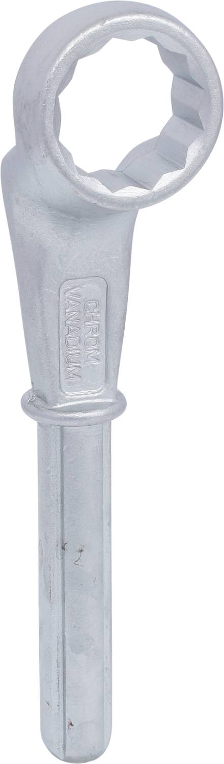 Ein silbernes Ringschlüsselwerkzeug mit langem Griff und sechseckigem Kopf, geeignet zum Festziehen oder Lösen von Schrauben.