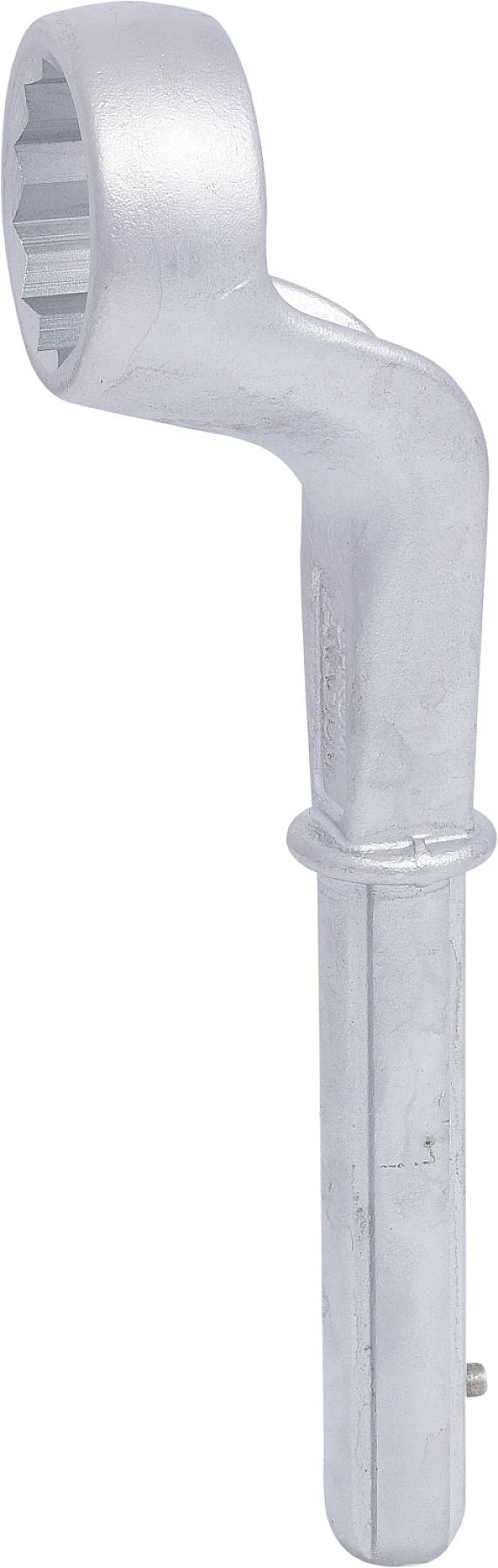 Ein silberner Drehmomentschlüssel mit verdrehtem Griff, geeignet zum Anziehen von Schrauben oder Muttern an schwer zugänglichen Stellen.