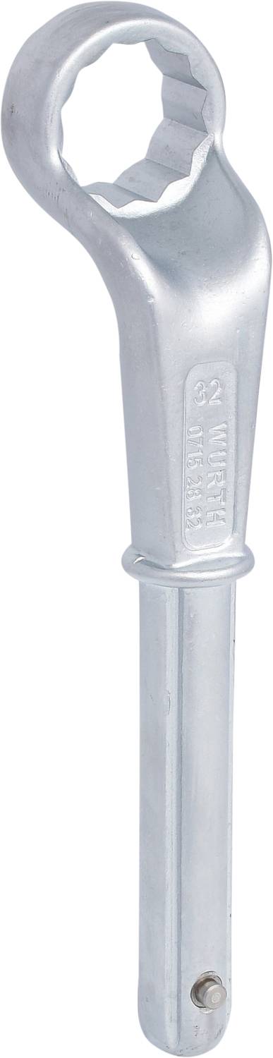 Ein silberner Knarren-Ringschlüssel mit sechseckiger Öffnung zur Befestigung von Schrauben oder Muttern, vertikale Ausrichtung.