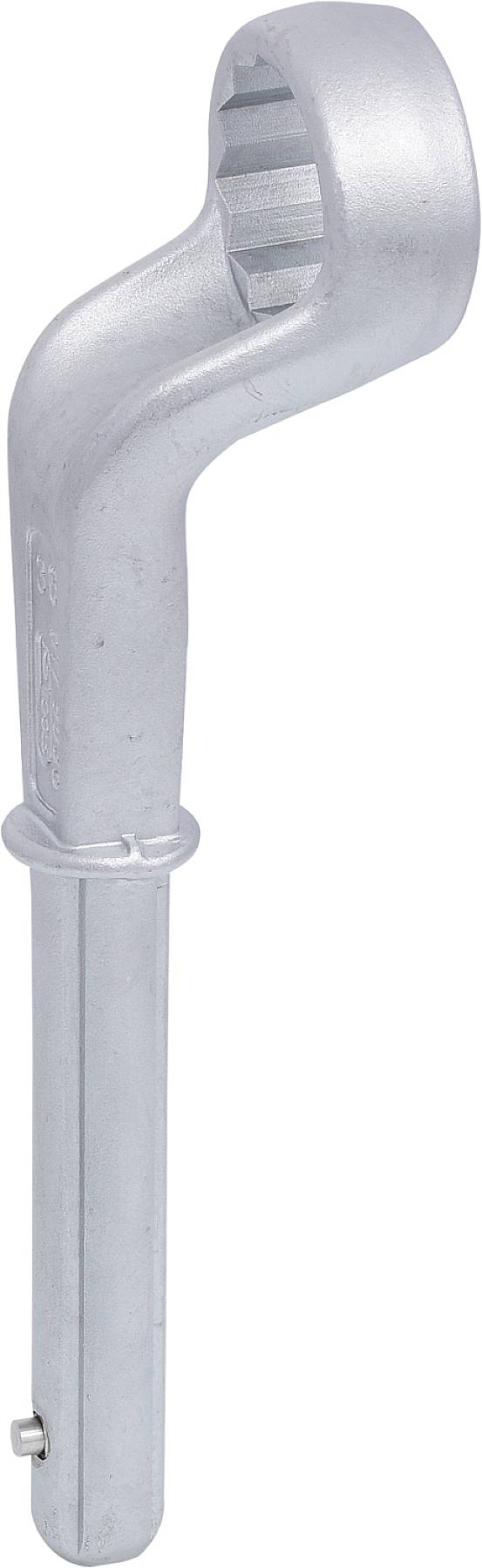 Ein silberner, gebogener Sechskantschlüssel mit einem langen Griff zur Verwendung bei schwer zugänglichen Befestigungselementen.
