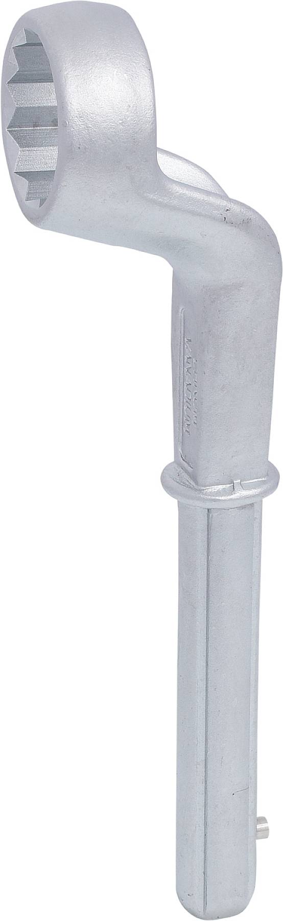 Metallschlüssel mit gerundetem Kopf und langem Griff, geeignet zum Anziehen oder Lösen von Schraubenmuttern in Werkstattumgebungen.