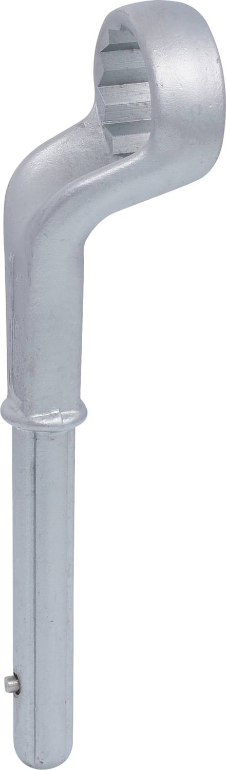 Ein silberfarbener Hakenschlüssel mit sechseckigem Kopf zum Anziehen oder Lösen von Muttern und Schrauben.