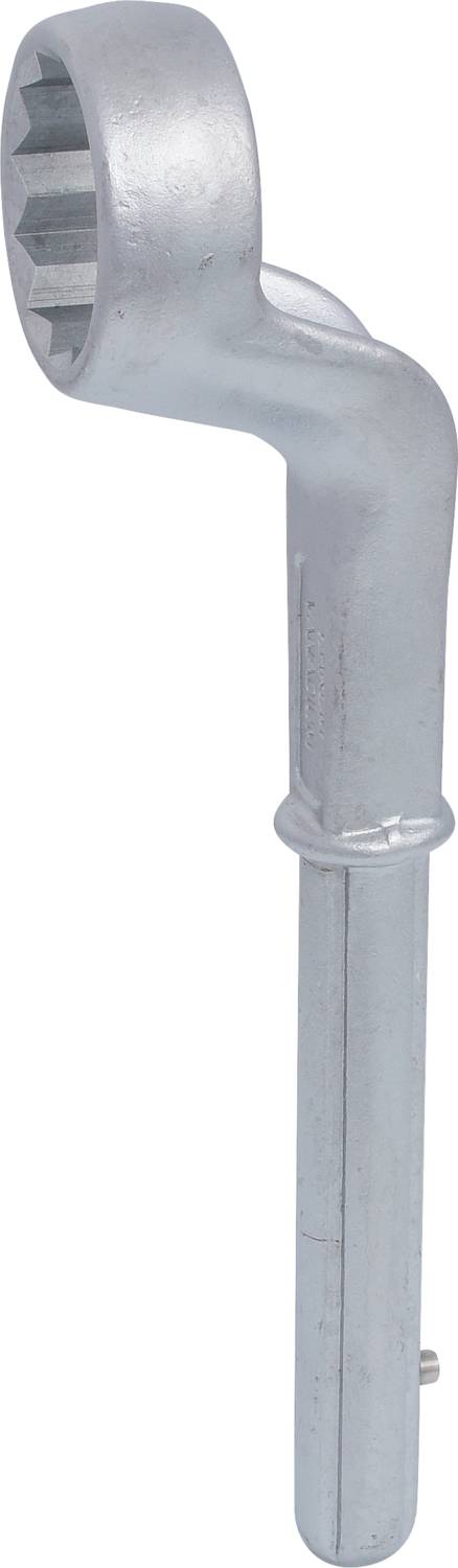 Ein verchromter gebogener Schraubenschlüssel mit sechseckigem Maul, geeignet zum Anziehen oder Lösen von Schrauben und Muttern.