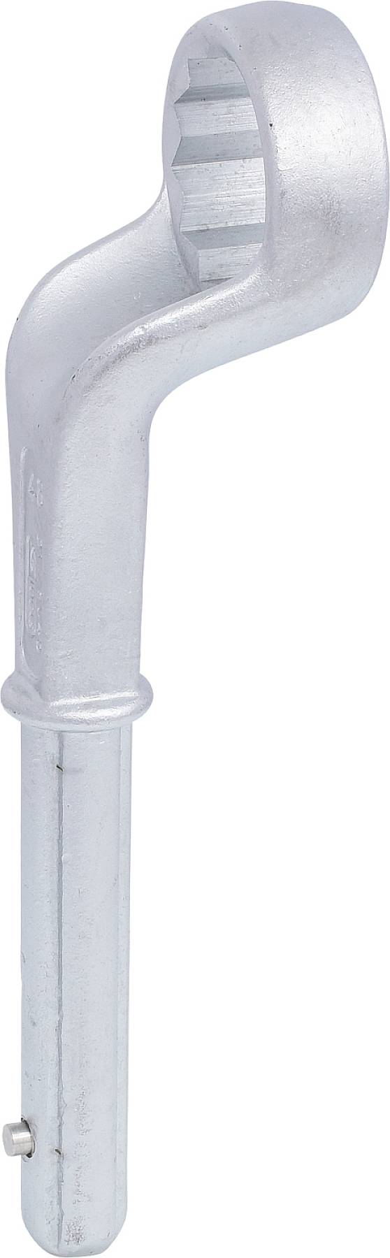 Ein silberfarbener Stabschlüssel aus Metall mit einer sechskantigen Öffnung am Kopf, geeignet zum Festziehen oder Lösen von Schrauben.