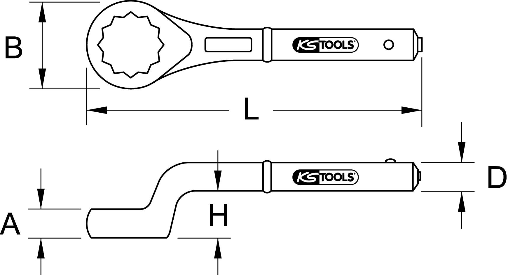 Zeichnung eines Werkzeugs mit Ratschenkopf. Hauptmaße sind A, B, L, H und D. 'KS Tools' auf dem Griff vermerkt.