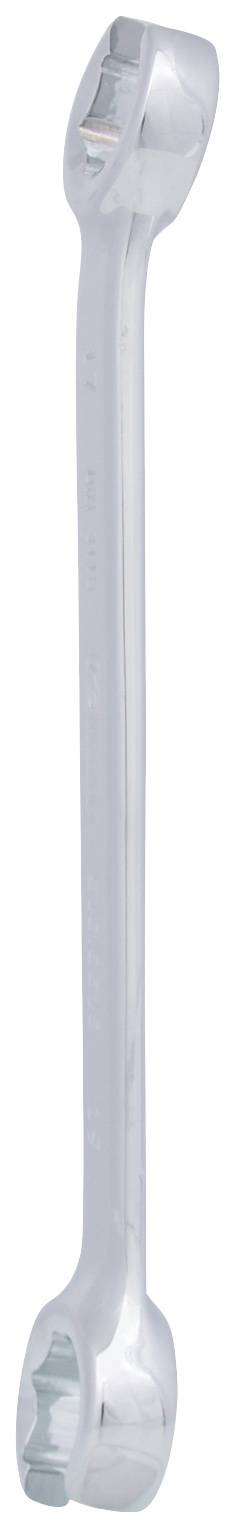 Ein verchromter Ringmaulschlüssel, auch bekannt als Ratschenringschlüssel, mit einer gebogenen Form für erweiterte Hebelwirkung.