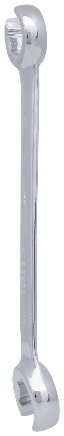 Ein verchromter Gabelringschlüssel mit zwei offenen Enden auf weißem Hintergrund.