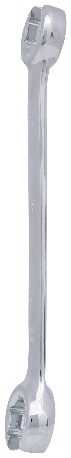 Ein silberglänzender Ringschlüssel mit zwei offenen Enden in unterschiedlichen Größen.