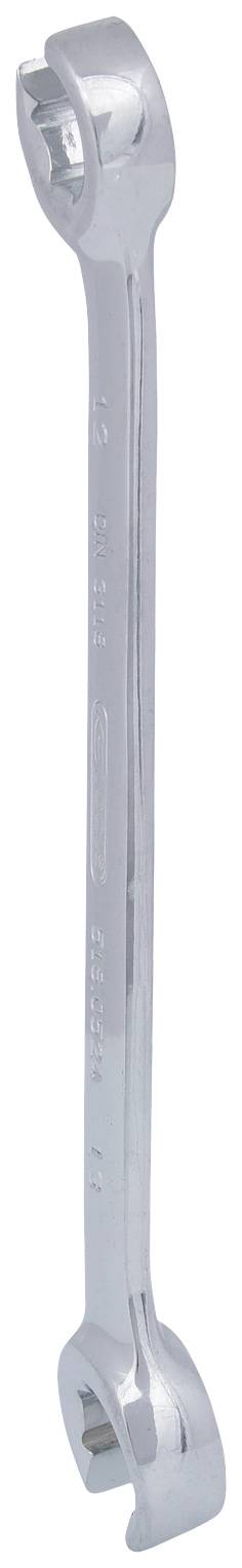 Ein silberner Ringschlüssel mit Doppelring-Enden, leicht gebogen, für mechanische Arbeiten geeignet.