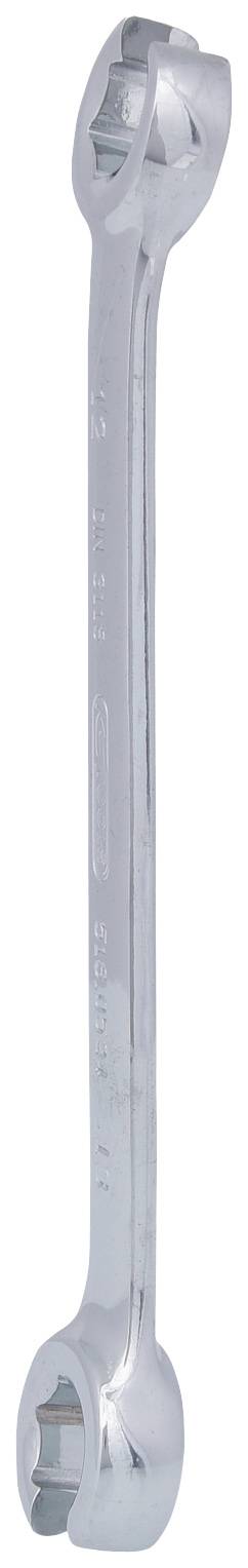 Ein silberner Ringschlüssel mit zwei offenen Enden für unterschiedliche Schraubgrößen.