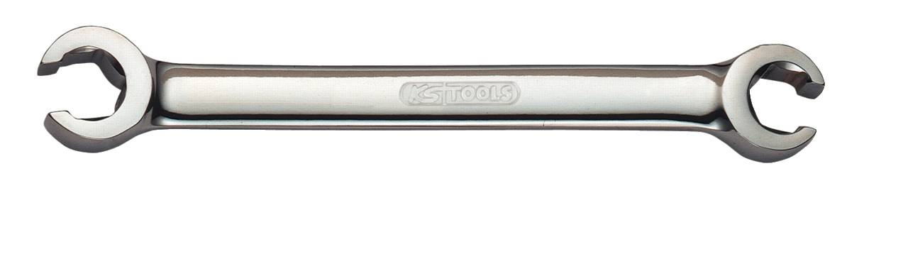 Ein doppelter Maulschlüssel aus Metall mit geöffneter Maulseite an beiden Enden, geeignet für verschiedene Schraubengrößen.