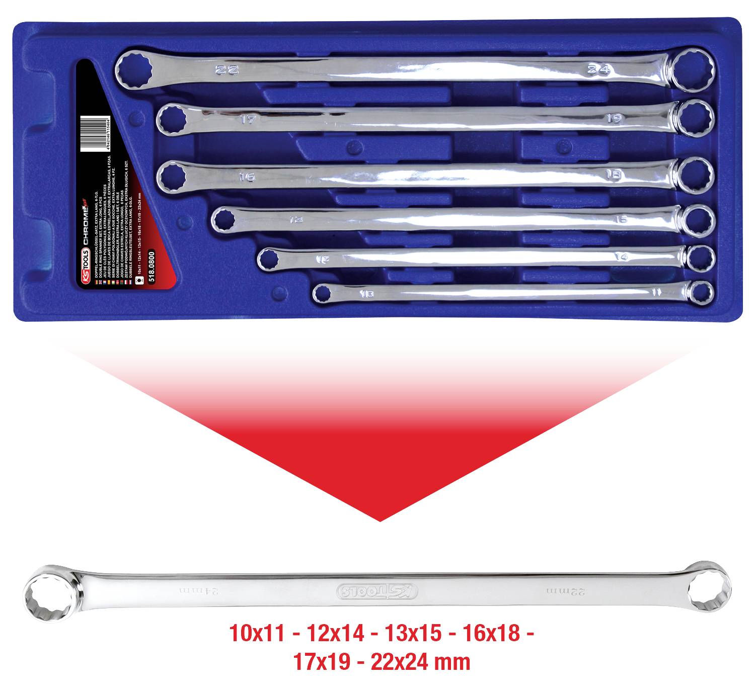 Ein Set aus sechs Ringmaulschlüsseln in verschiedenen Größen (10x11 bis 22x24 mm) in einem blauen Kunststoffhalter.