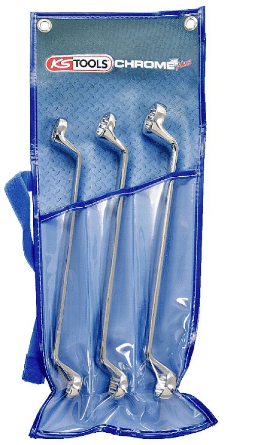 Drei silberne Maulschlüssel in einer blauen Kunststoffhülle mit dem Aufdruck 'KS Tools Chrome Plus'.