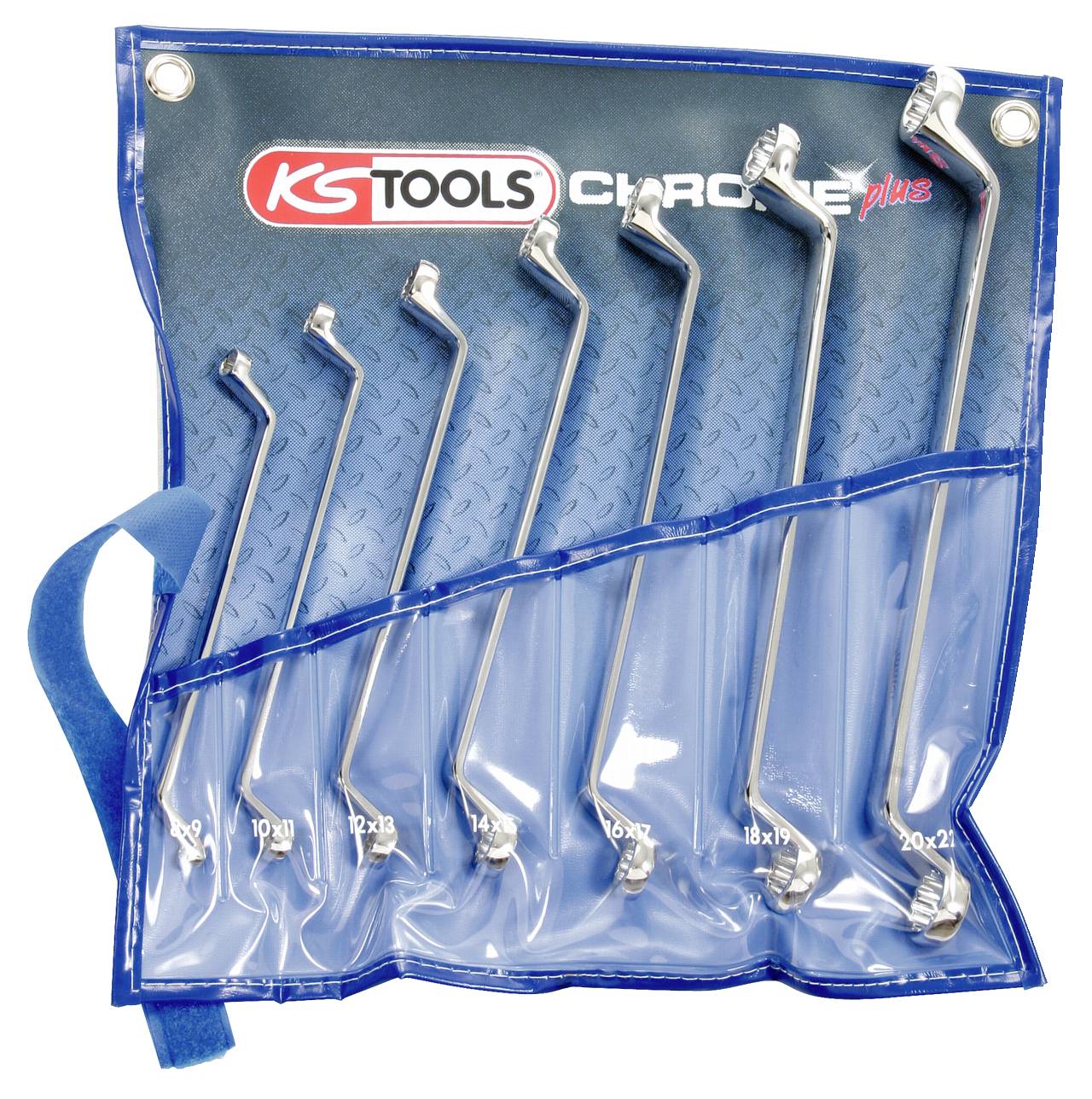 Satz von Doppelringschlüsseln in blauer Kunststofftasche mit Klarsichtabdeckungen, markiert von Größe 10x11 bis 20x22.