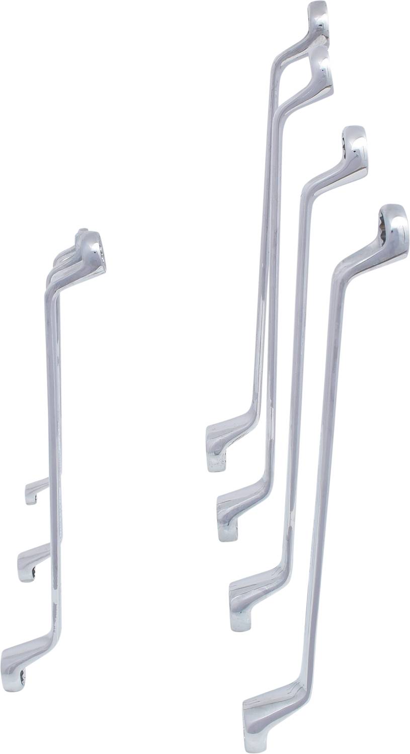 Vier gebogene, silberne Metallbügel in verschiedenen Längen, nebeneinander stehend.