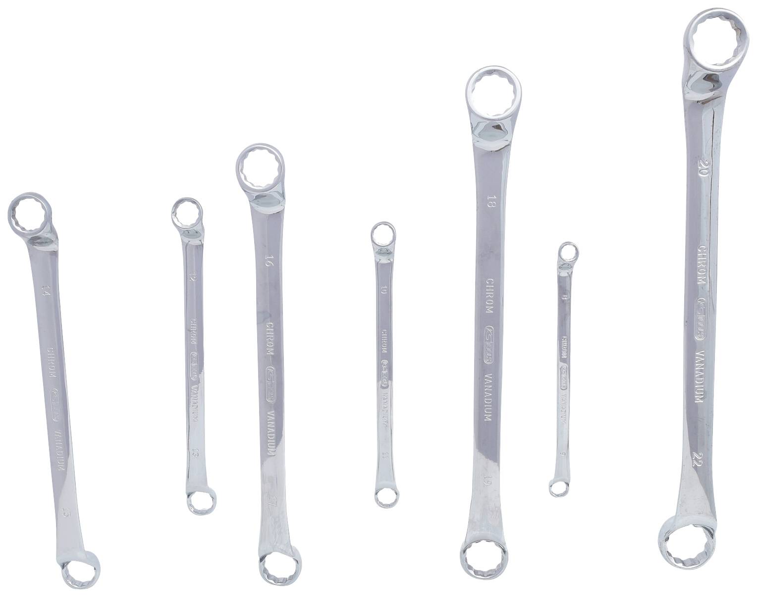 Sechs Ringmaulschlüssel in unterschiedlichen Größen stehen senkrecht nebeneinander auf weißem Hintergrund.