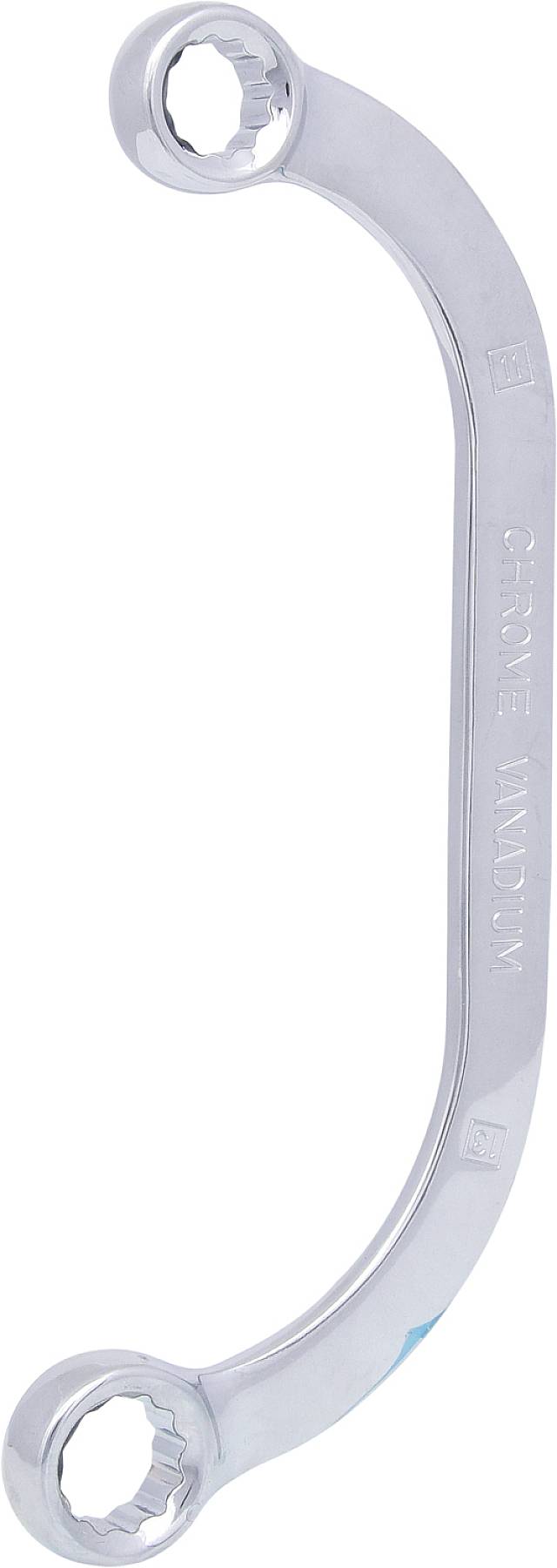 Ein silberner Ringschlüssel mit zwei unterschiedlichen Sechskantgrößen an den Enden, auf einem weißen Hintergrund.