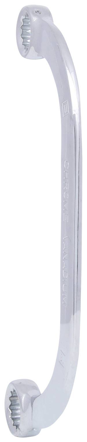 Ein silberner gekrümmter Ringschlüssel, verwendet, um Schrauben oder Muttern zu drehen.