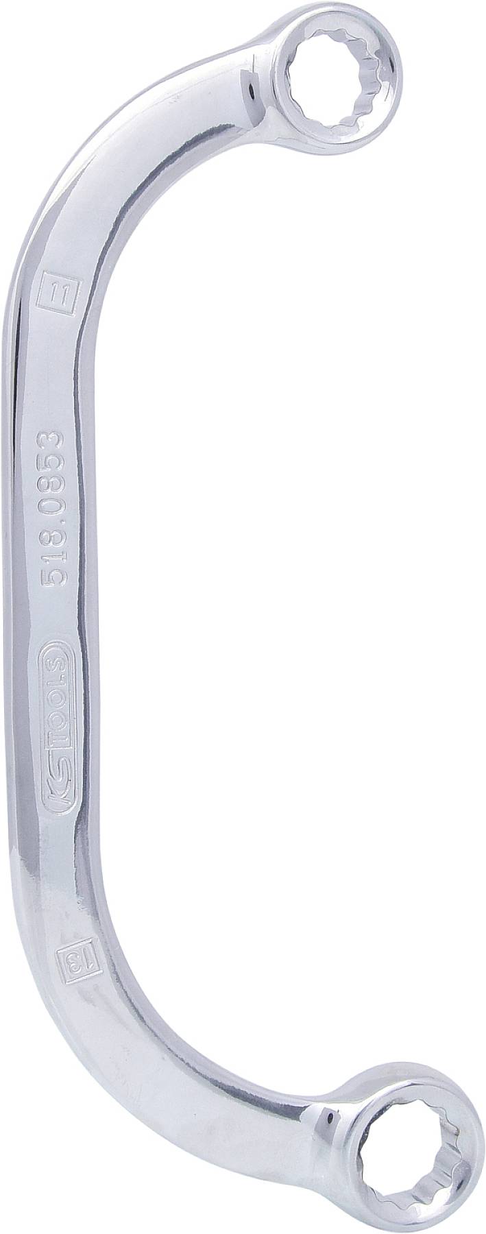 Ein geschwungener Ringschlüssel aus Metall mit zwei verschiedenen Kopfgrößen an den Enden.